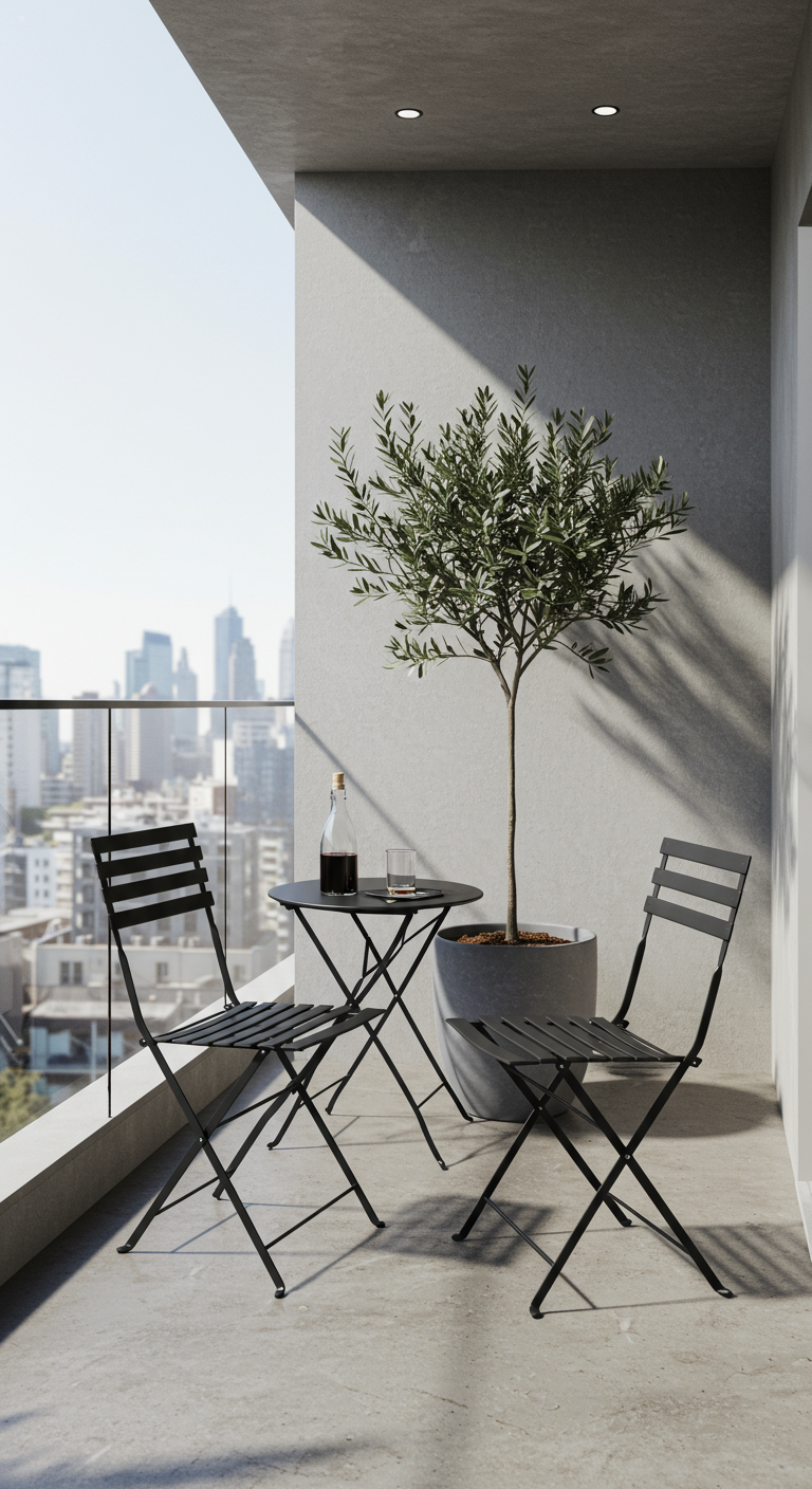Moderne zwarte bistroset met olijfboom op een strak balkon met stadszicht.