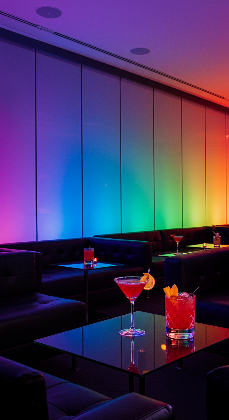 Moderne lounge met een muur die sfeervol verlicht is in regenboogkleuren.