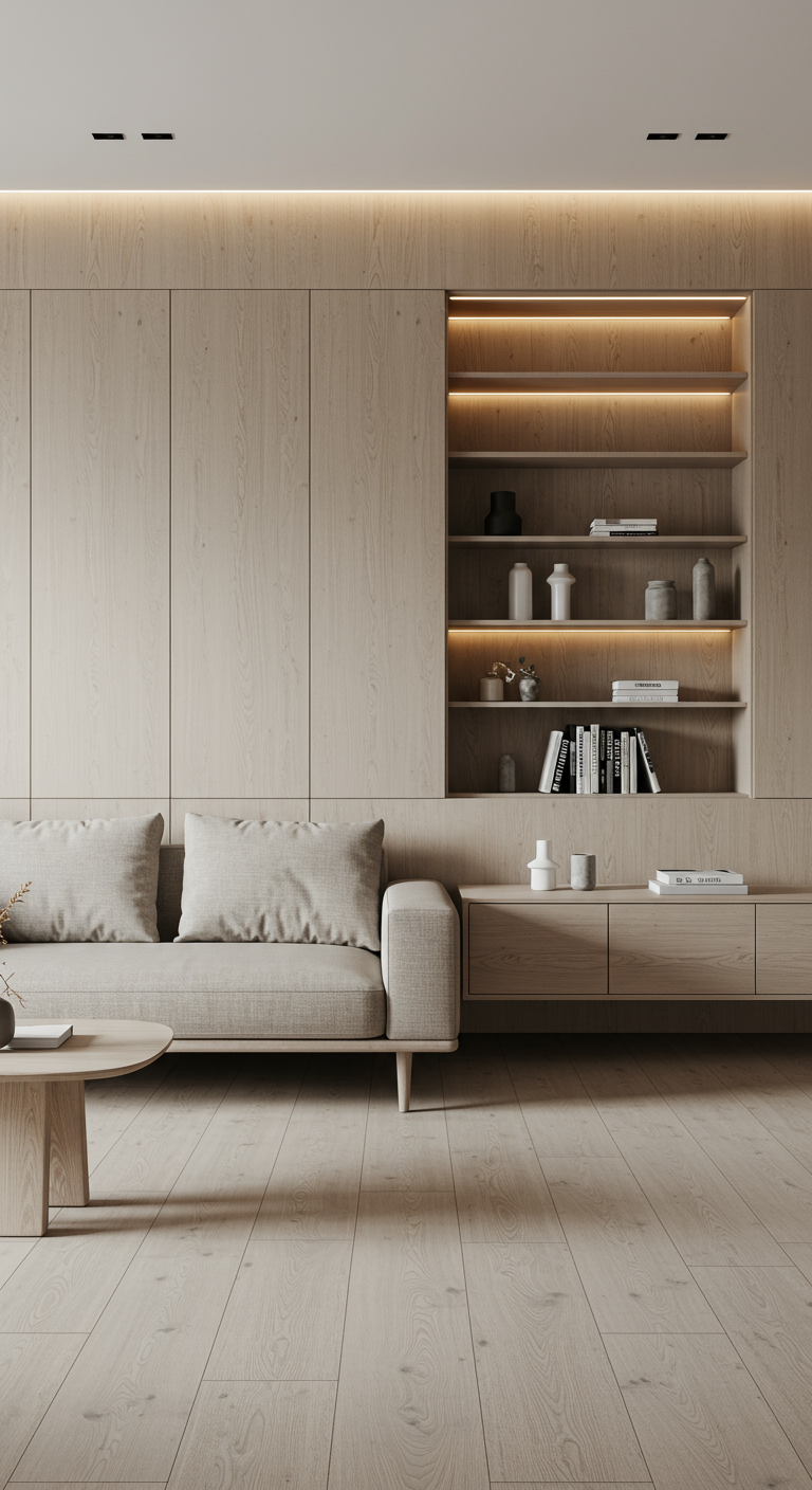 Moderne woonkamer met lichte houten kastenwand, ingebouwde verlichting en beige bank.