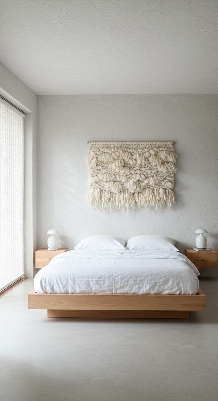Minimalistische witte slaapkamer met groot wollen wandkleed boven houten bed.