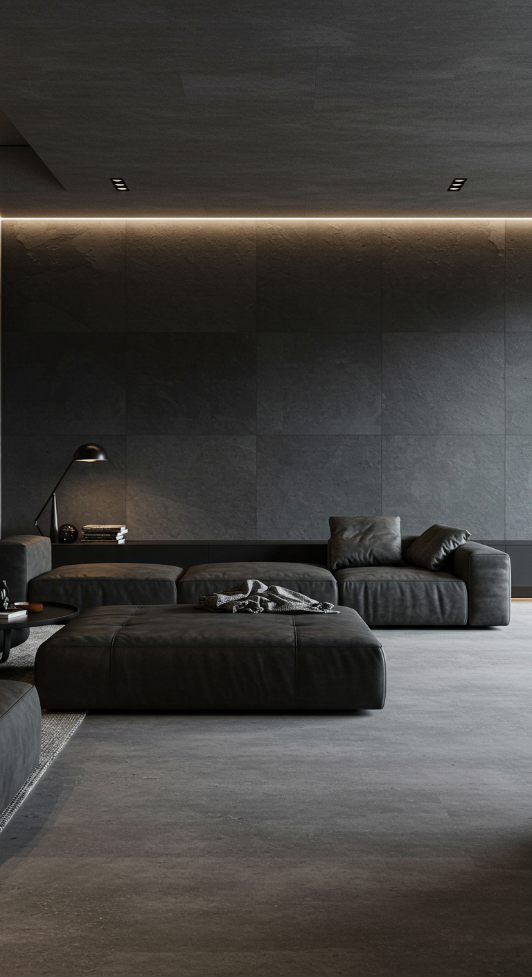 Minimalistische donkergrijze woonkamer met leren bank en tegelwanden.