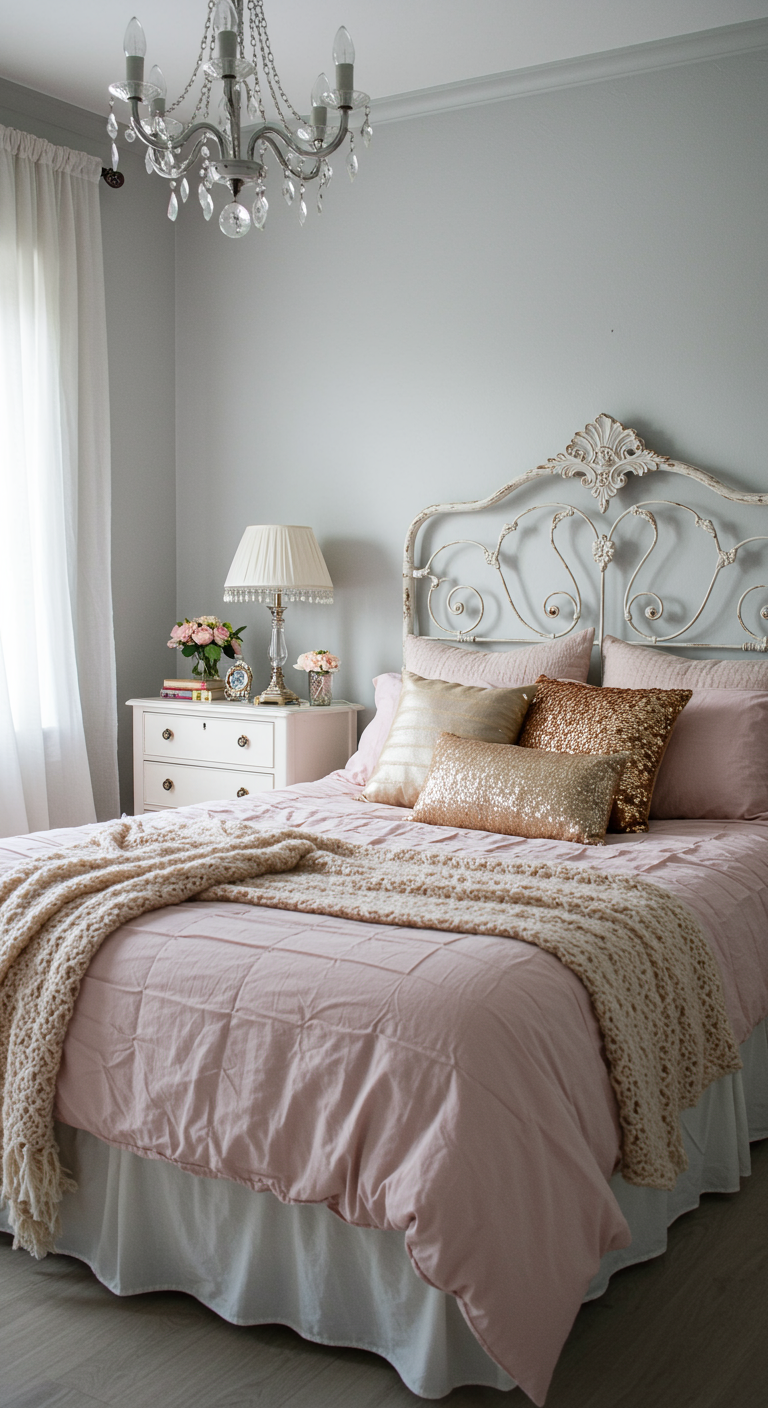 Romantische slaapkamer met lichtgrijze muur, roze beddengoed en kussens met pailletten.