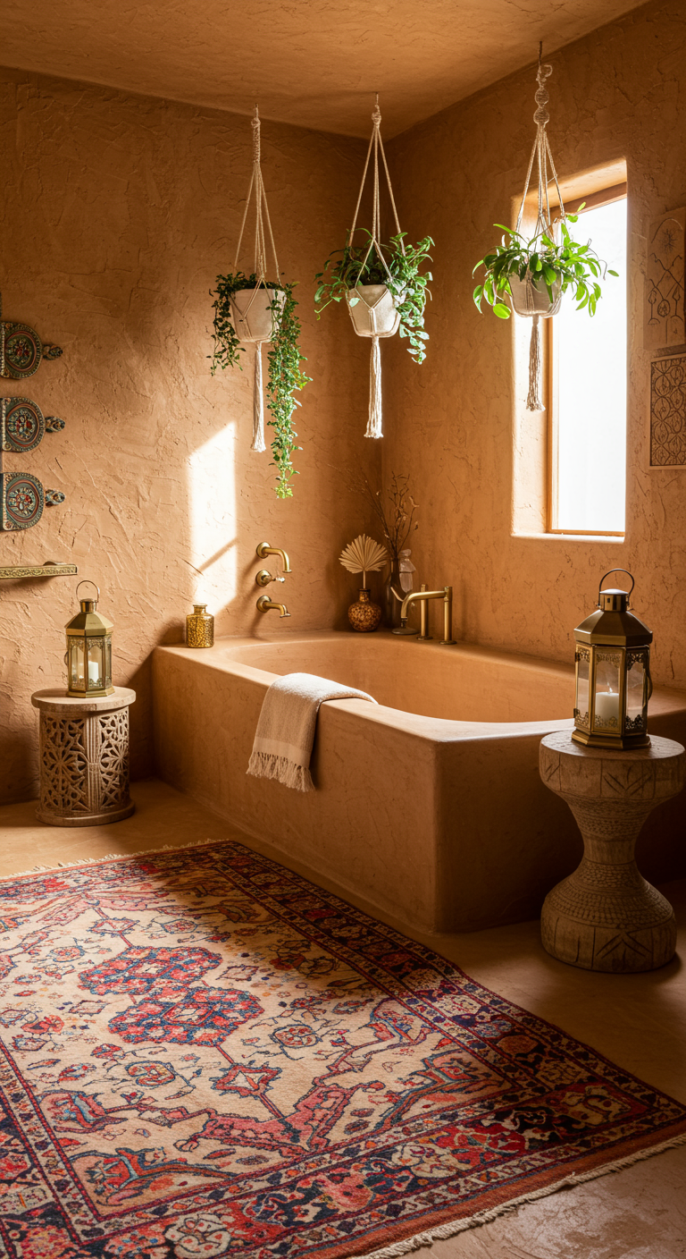 Bohemian badkamer in aardetinten met tadelakt-look, ingebouwd bad en hangplanten.