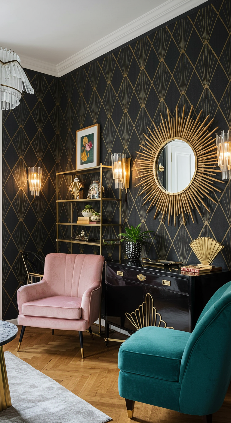 Art Deco woonkamer met zwart-goud behang, roze en blauwe fluwelen stoelen.