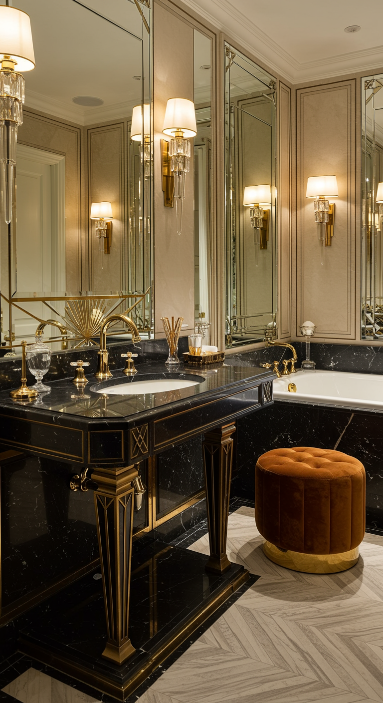 Opulente goudkleurige kranen op een zwart marmeren wastafel in Art Deco stijl.