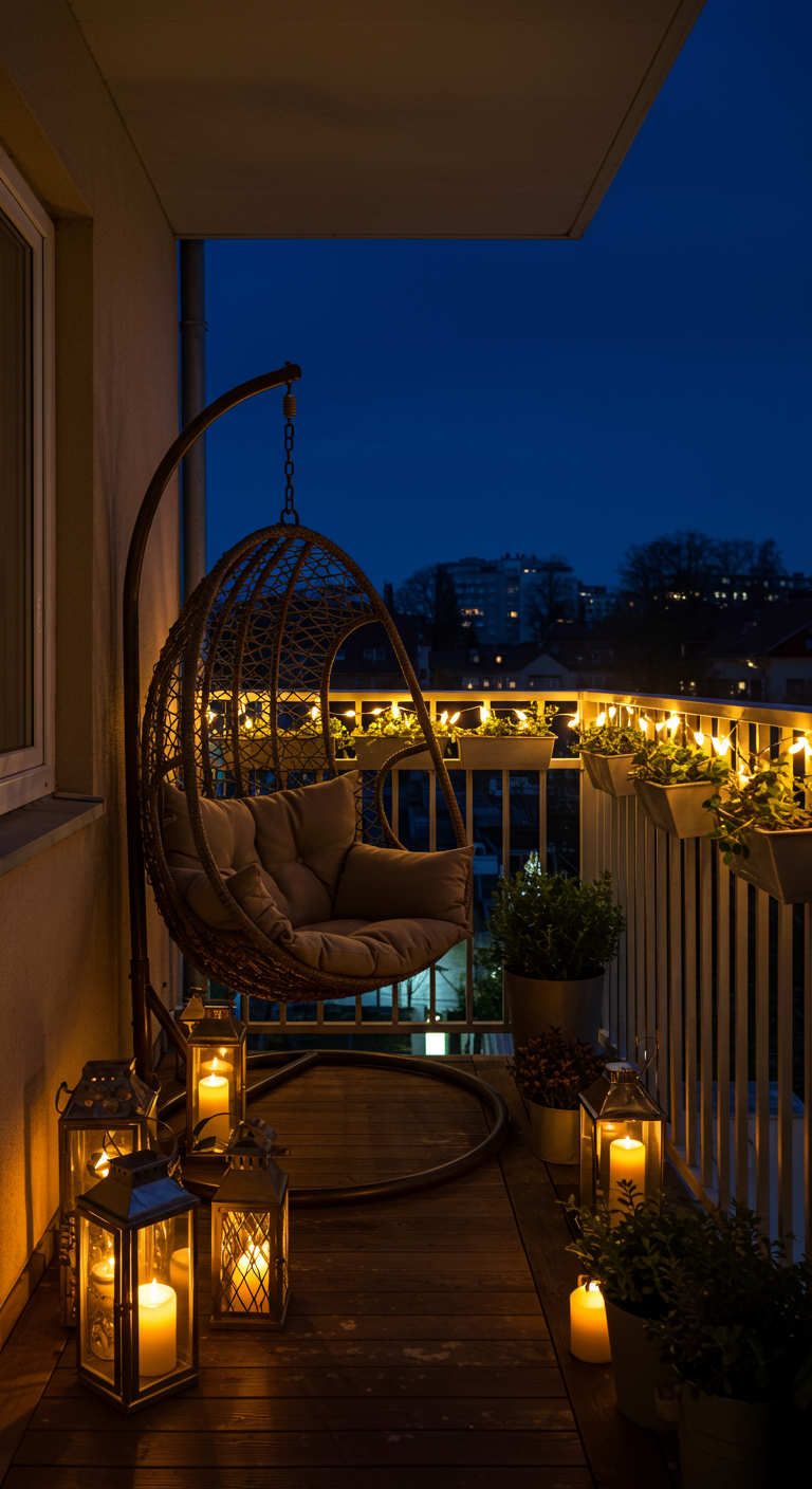 Eivormige hangstoel op een balkon 's nachts, verlicht door lantaarns en een lichtslinger.