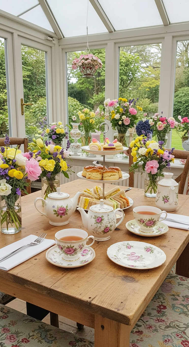Tafel gedekt voor high tea met veel kleine vaasjes gevuld met diverse gekleurde bloemen.
