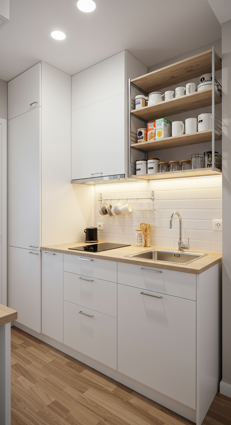 Compacte witte keuken met open planken boven het aanrecht en gesloten kasten.