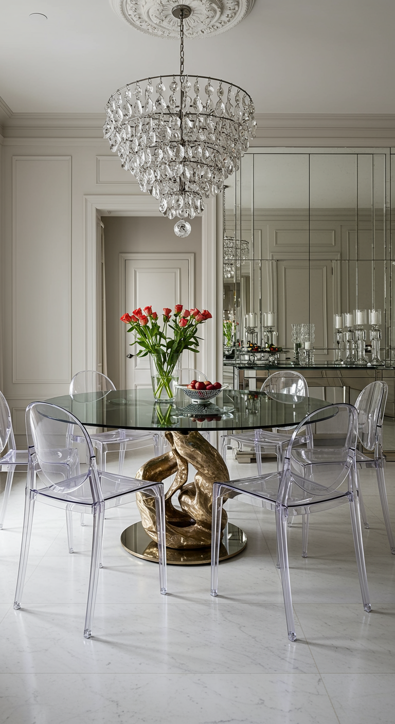 Glamoureuze eethoek met glazen ronde tafel, gouden voet, transparante stoelen en kristallen kroonluchter.