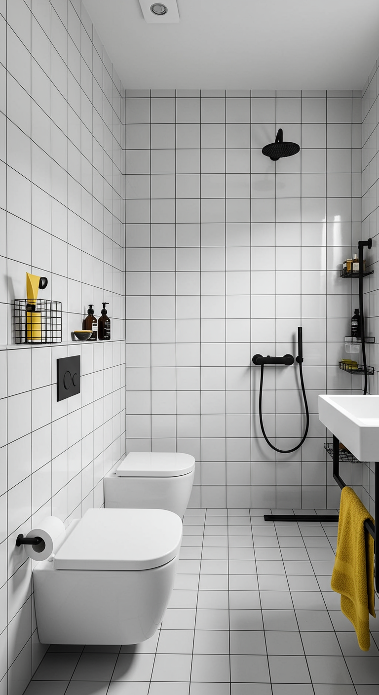 Minimalistische badkamer met witte tegels, zwarte voegen en zwarte sanitaire accessoires.