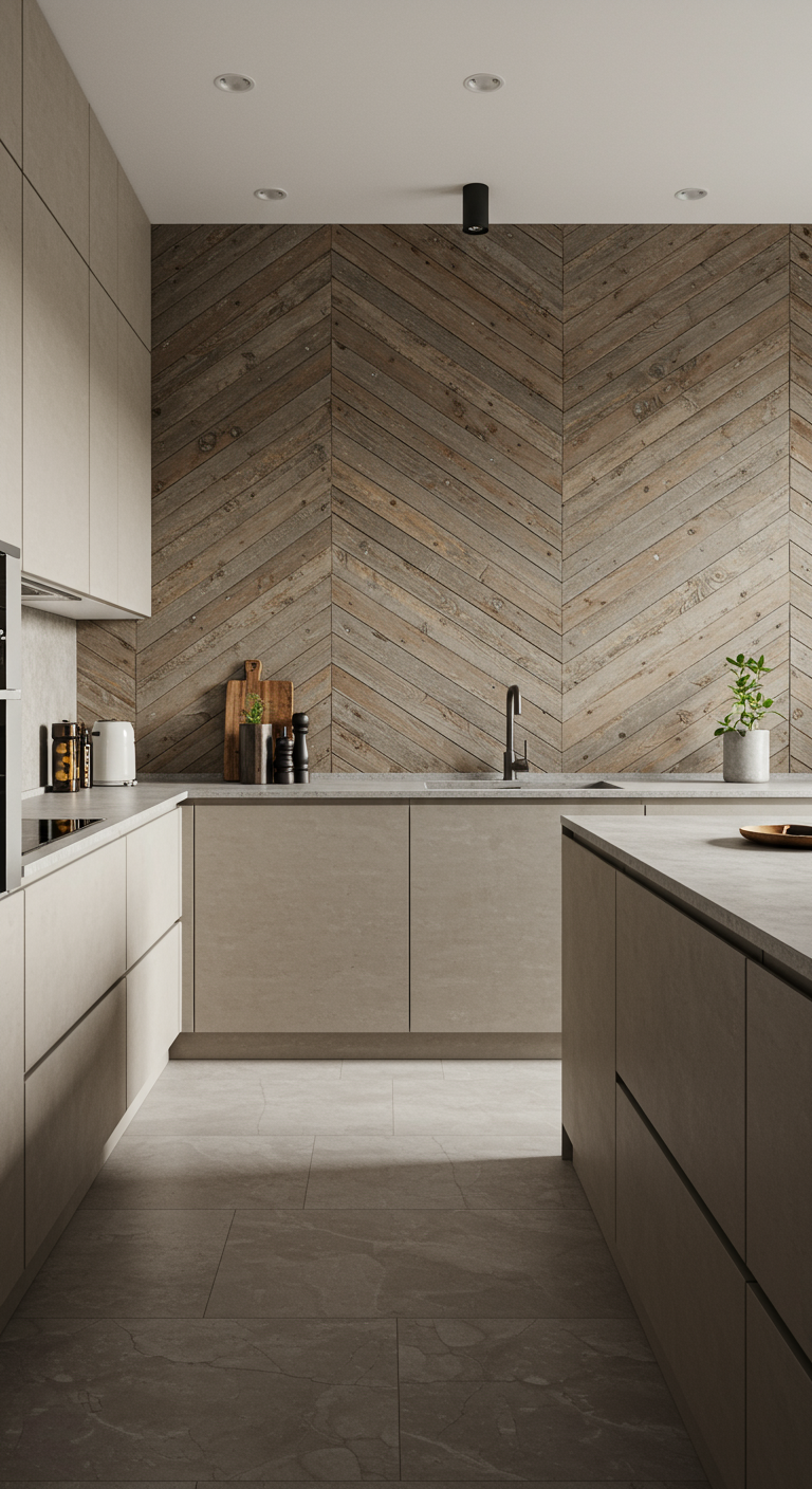 Beige keuken met houten accentmuur in visgraatpatroon.