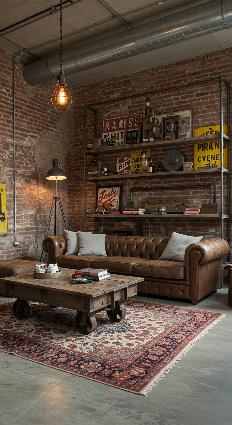 Industriële woonkamer met bakstenen muur, leren bank en metalen rekken.