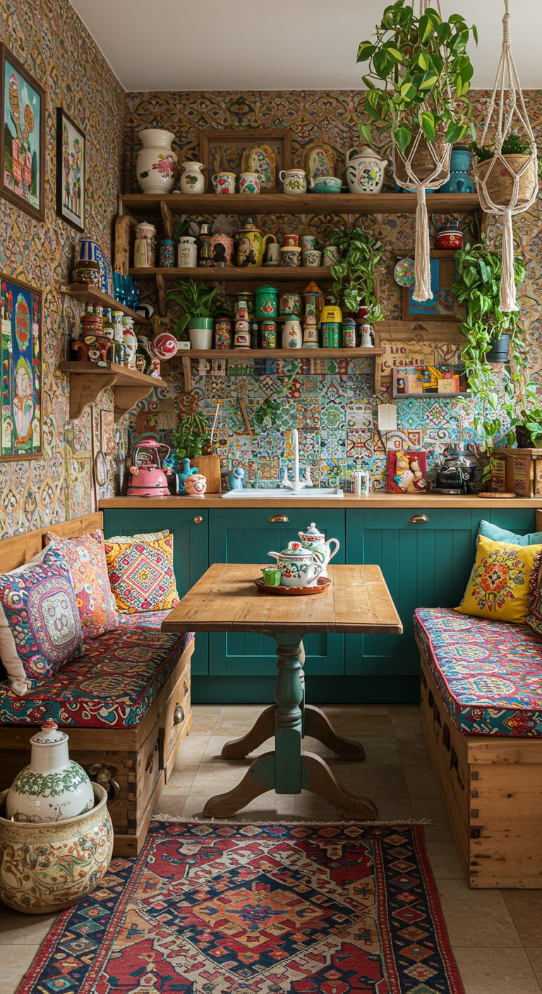 Kleurrijke, eclectische keuken met betegelde achterwand, houten bankjes en veel patronen.