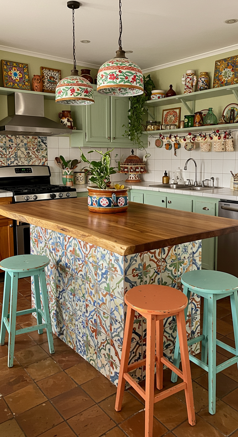 Kleurrijk kookeiland met mediterraane tegels, houten blad en vrolijk gekleurde krukjes.