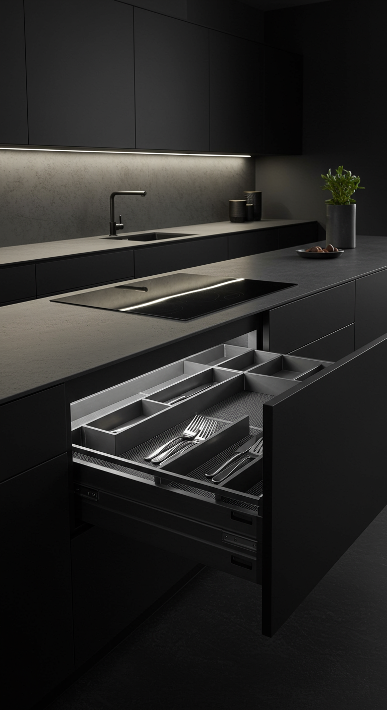 Strakke, donkergrijze besteklade in een moderne zwarte keuken, met subtiele binnenverlichting.