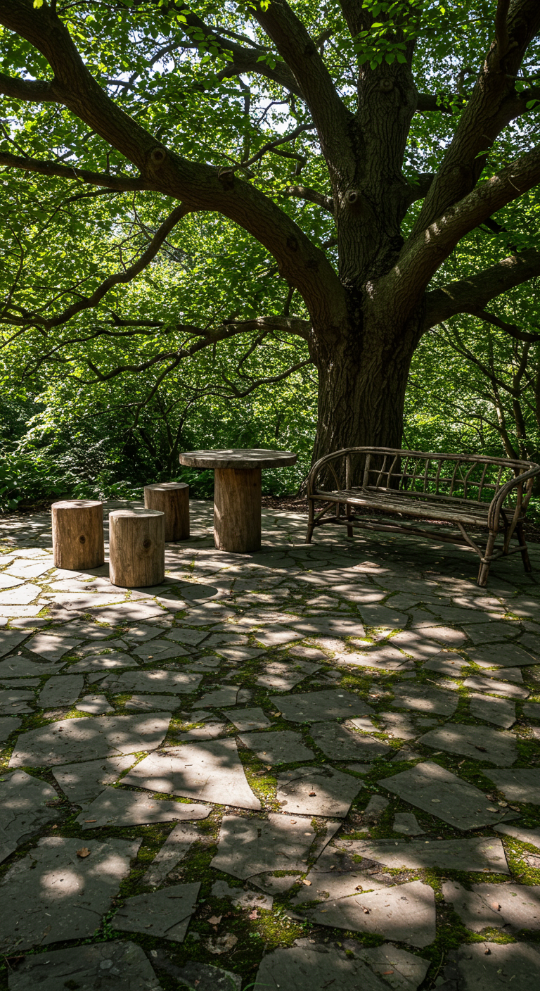 Buitenzitje onder een grote boom met flagstone bestrating, boomstamkrukjes en houten tafel.