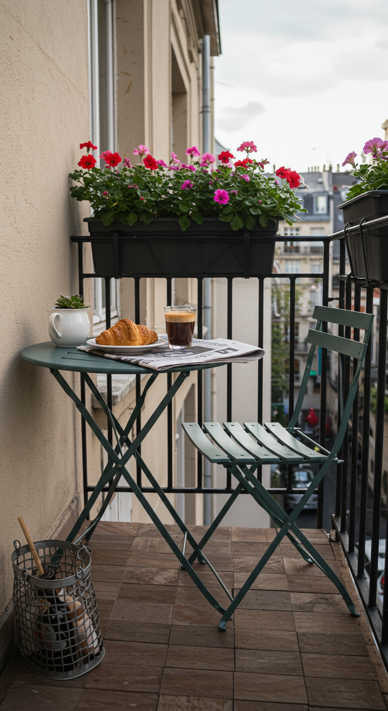 Compacte groene bistroset op smal balkon met croissant, koffie en bloembakken.