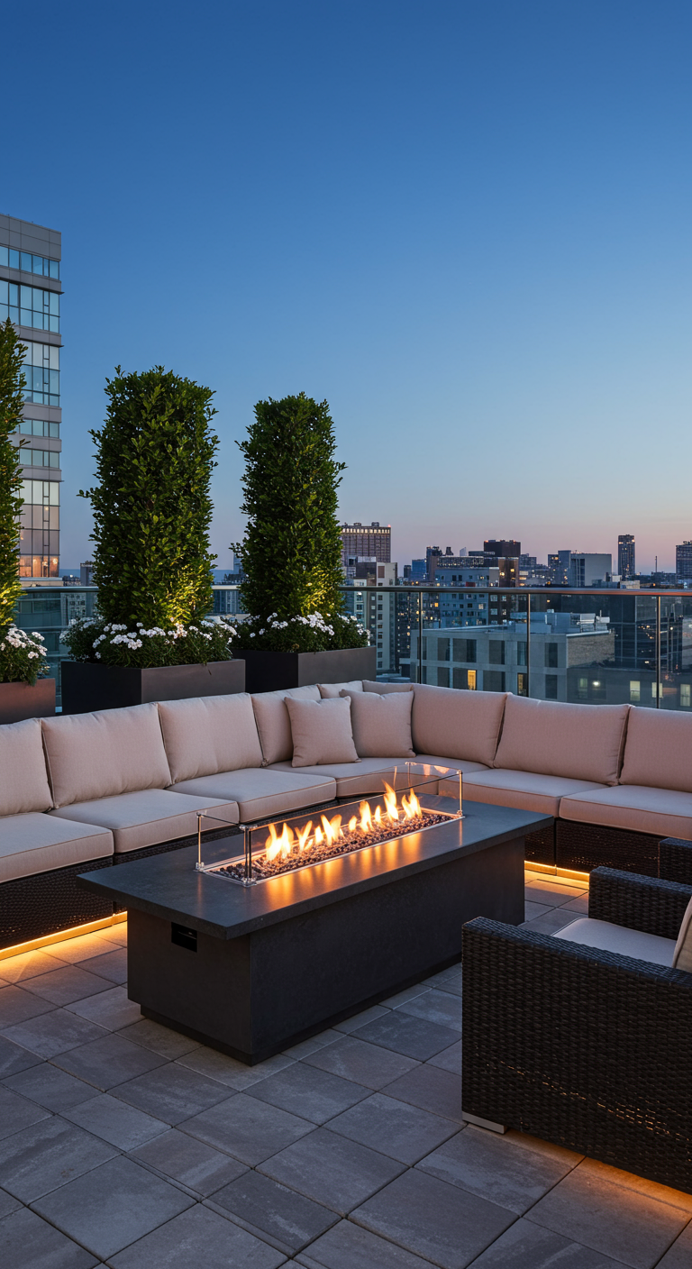 Luxe dakterras met langwerpige gashaard, loungeset en uitzicht op de stad.