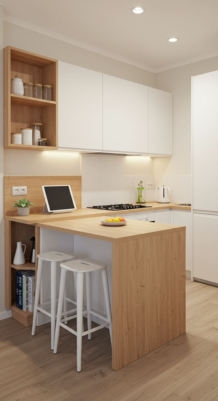 Compact wit keukeneiland met houten bar en opbergvakken, gebruikt als werkplek met tablet.