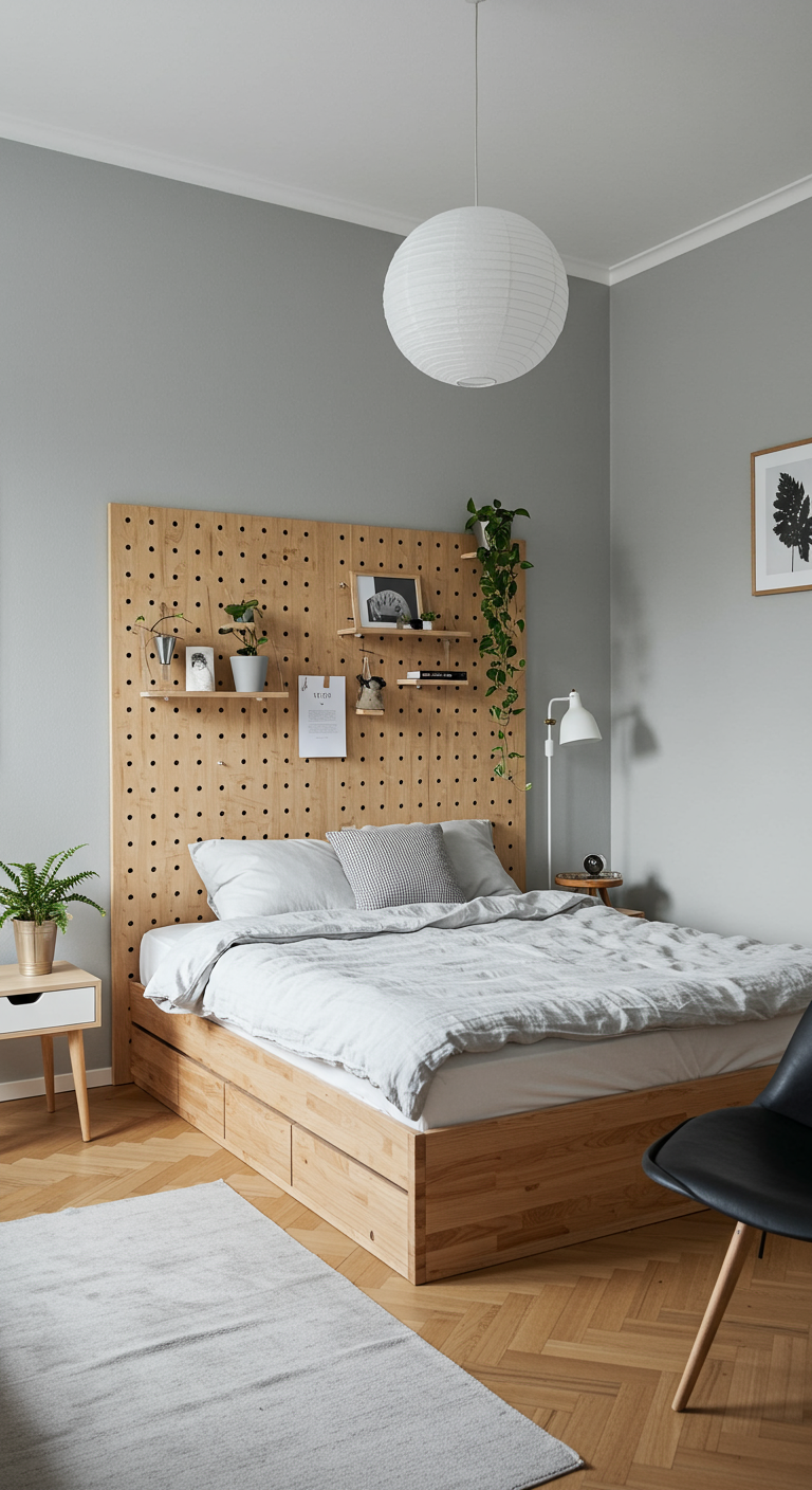 Scandinavische slaapkamer met houten pegboard hoofdbord en grijstinten.