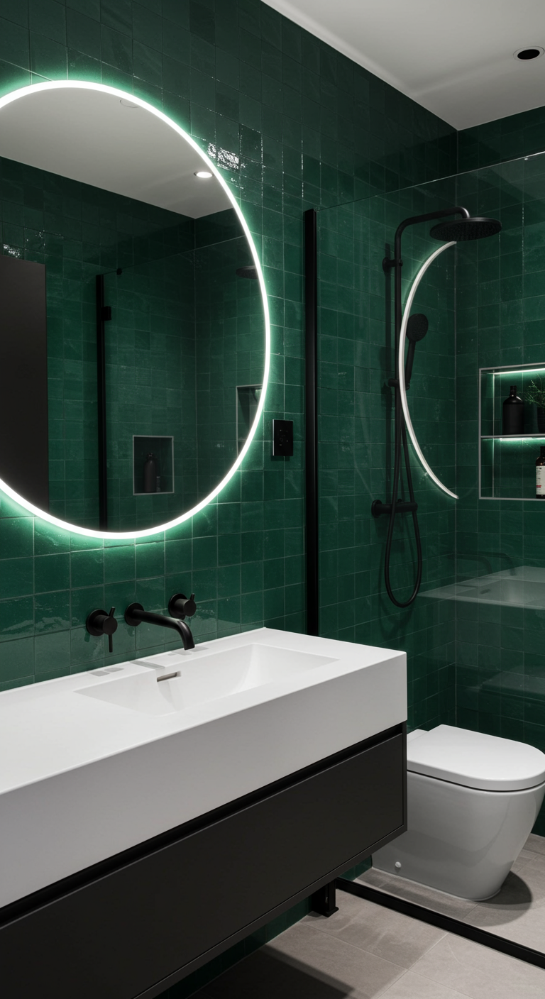Moderne badkamer met smaragdgroene tegels en een ronde spiegel met LED-verlichting.