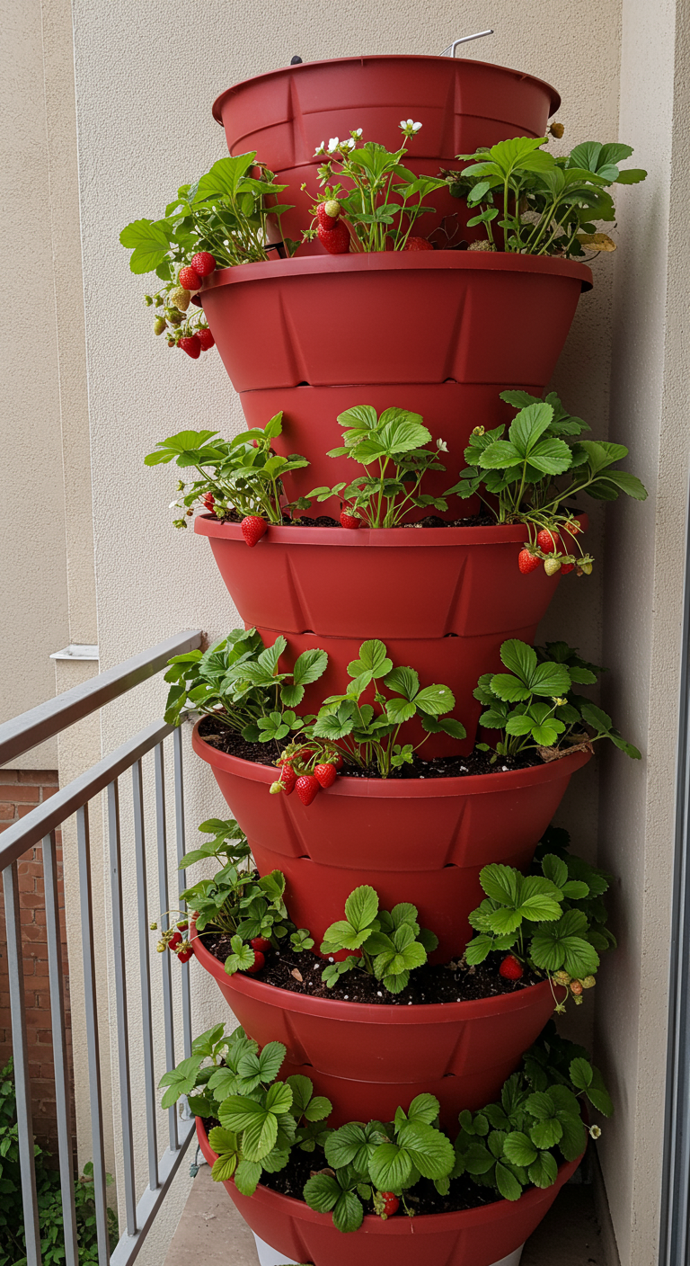 Rode stapelbare plantentoren vol met bloeiende en vruchtdragende aardbeienplanten.