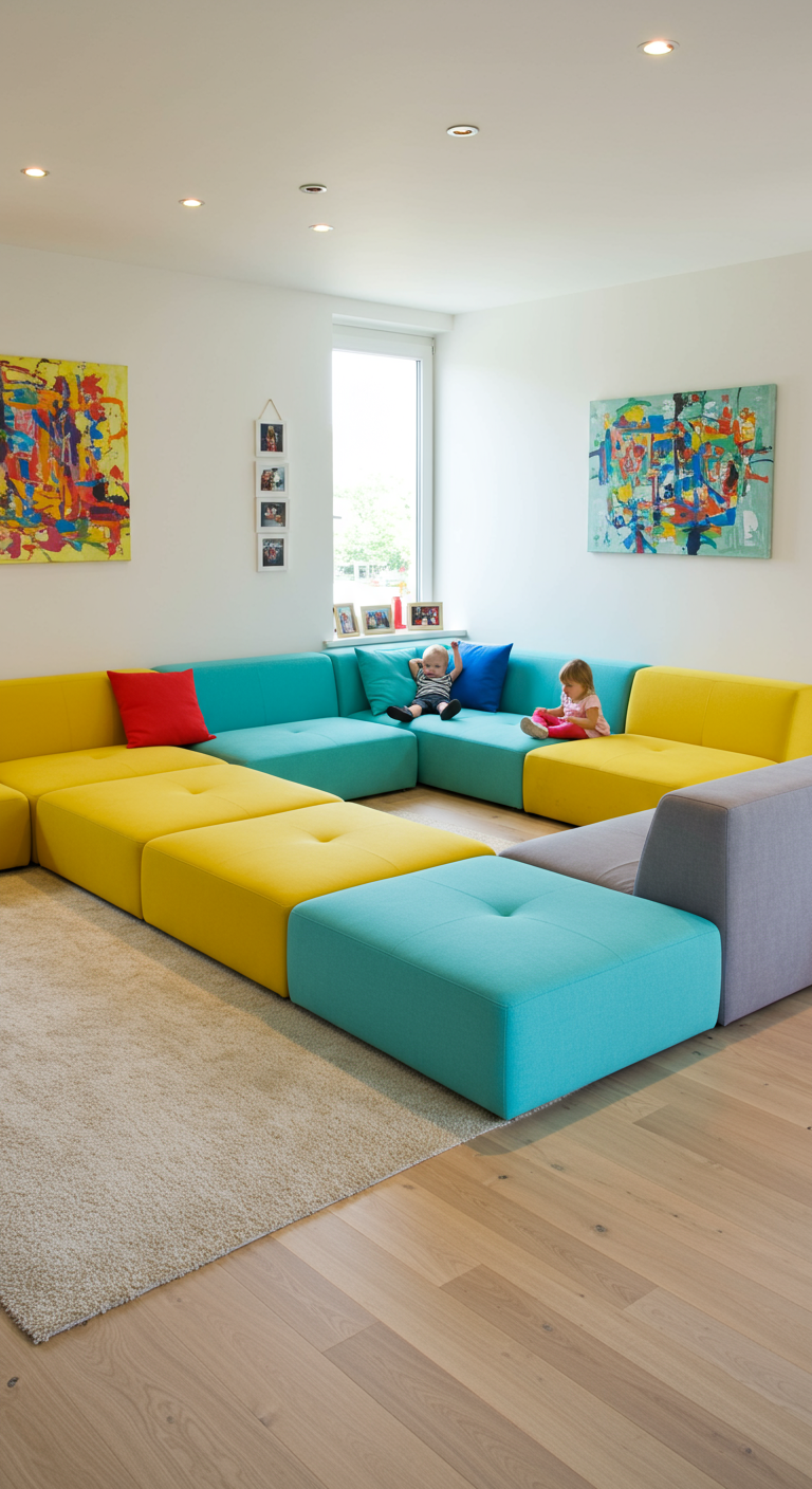 Kinderen spelen op een kleurrijke, modulaire sofa in een lichte woonkamer.