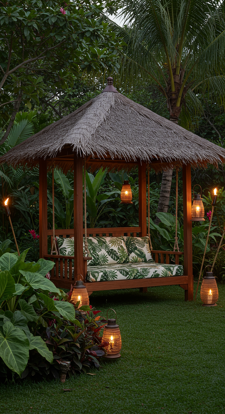 Houten schommelbed met kussens met bladprint in een gazebo met rieten dak, omringd door tropische planten.