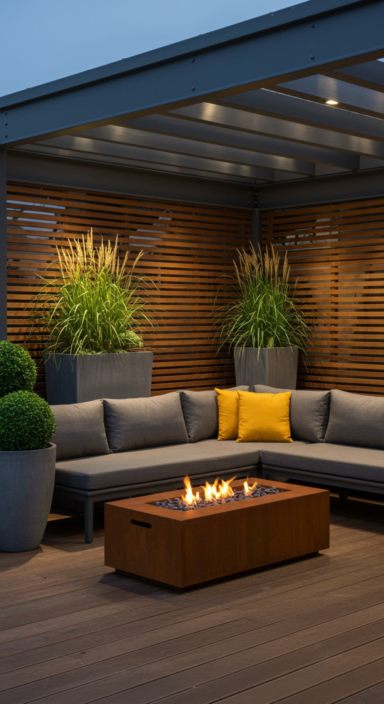 Modern dakterras met loungebank, cortenstalen vuurtafel en siergrassen.
