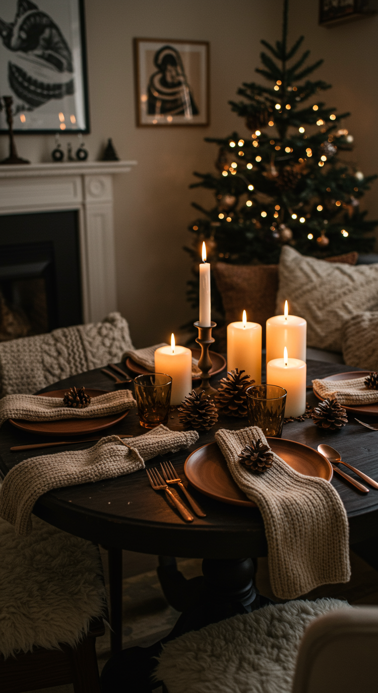 Gezellige kersttafel met gebreide servetten en dennenappels.