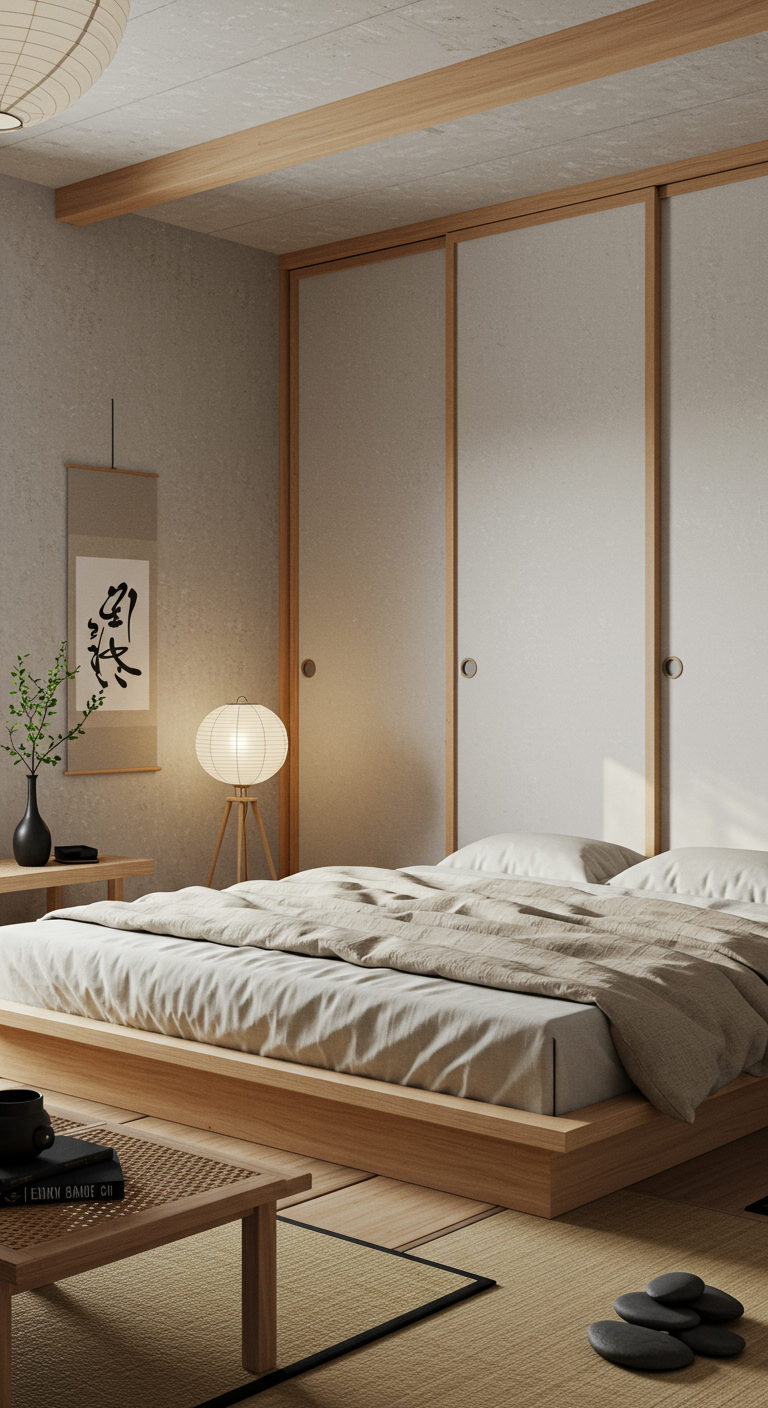 Japandi-stijl slaapkamer met laag houten bed en schuifdeuren.