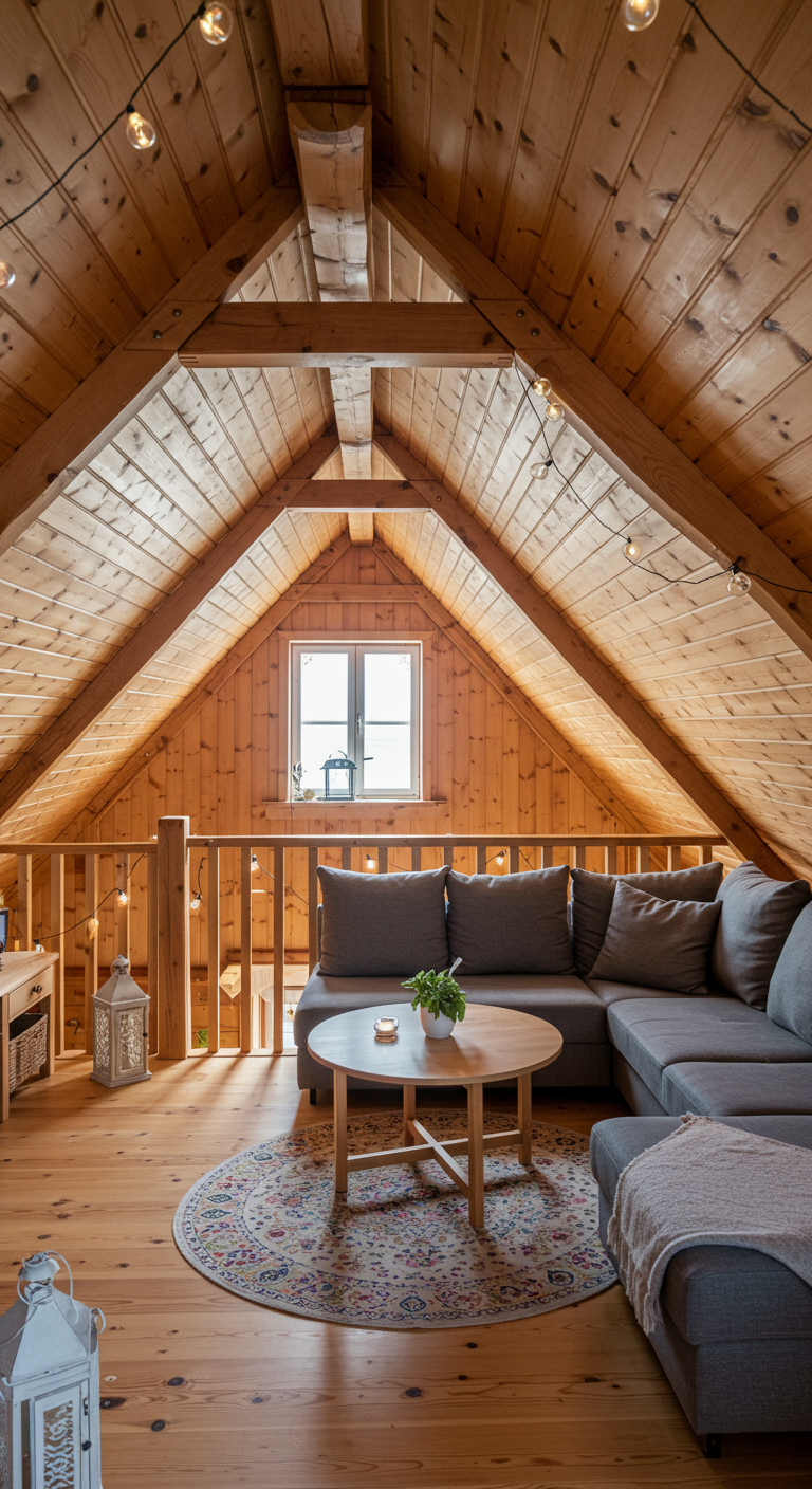 Knusse zolderwoonkamer met veel licht hout op vloer, wanden en plafond, en een lichtsnoer.