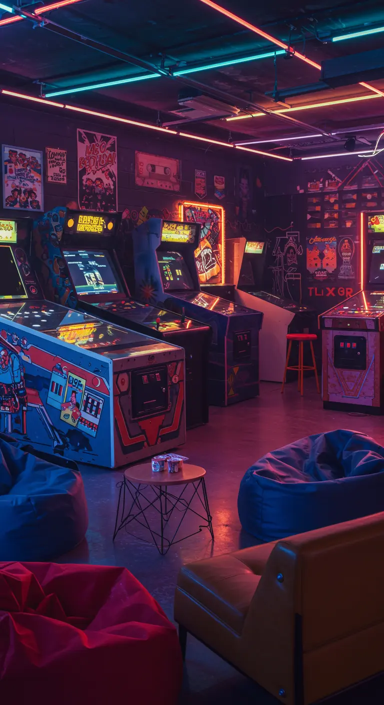 Retro arcadehal met gamekasten, neonverlichting en zitzakken.