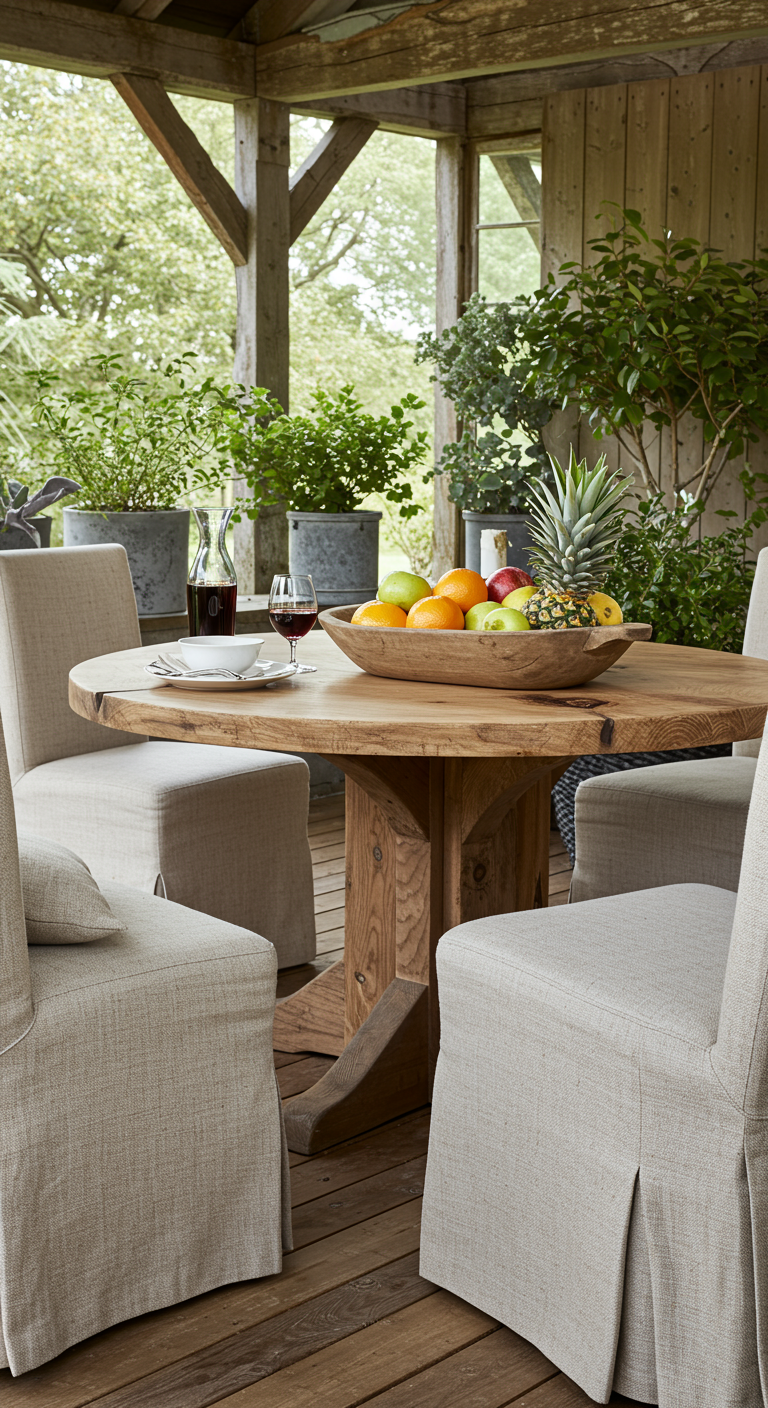 Landelijke eethoek op een veranda met robuuste houten ronde tafel en linnen stoelhoezen.