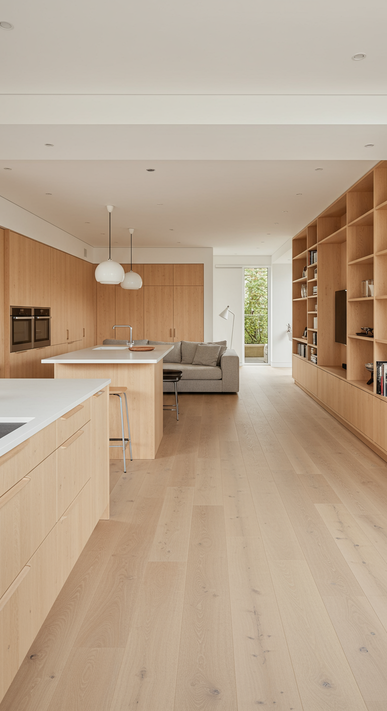 Moderne open woonkamer met lichte eiken kastenwand van vloer tot plafond en lichte houten vloer.