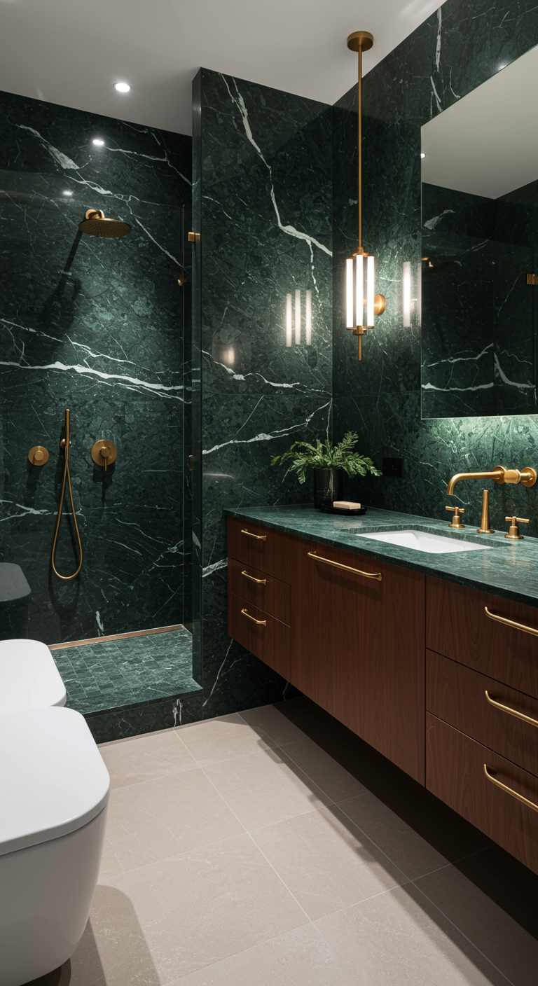 Luxe badkamer met diepgroen marmer, notenhouten meubel en gouden accenten.