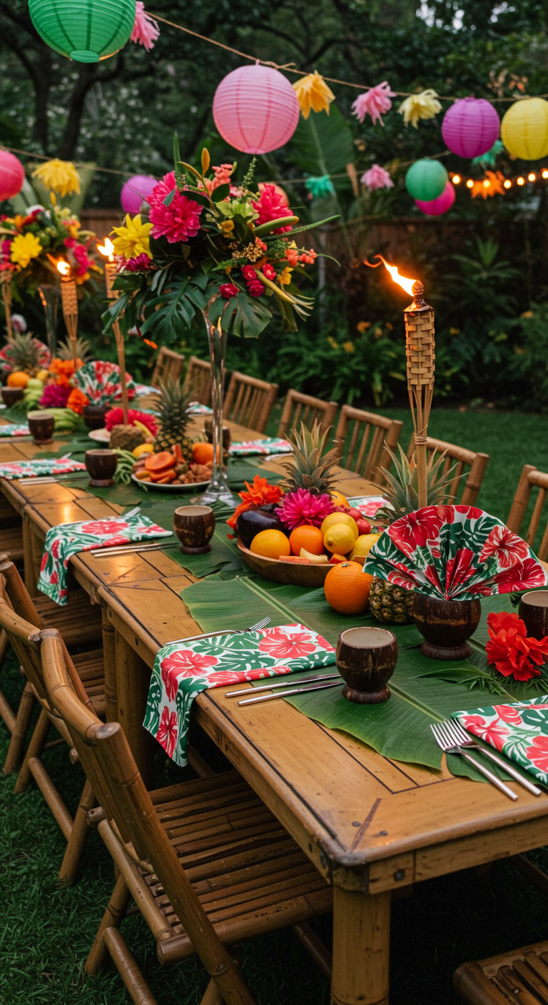 Tropische feesttafel met kleurrijke servetten en fruit.