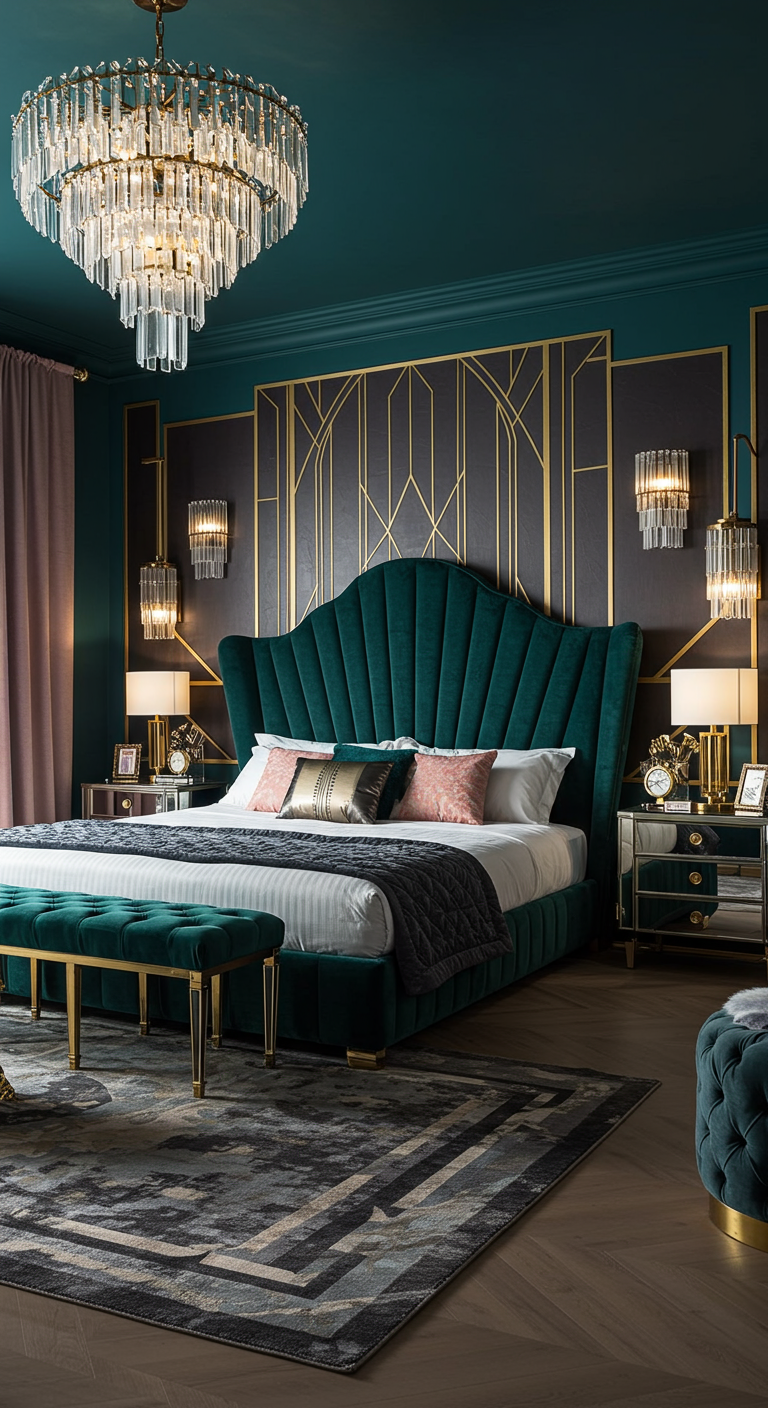 Art Deco slaapkamer met donkergroen fluwelen bed en gouden accenten.