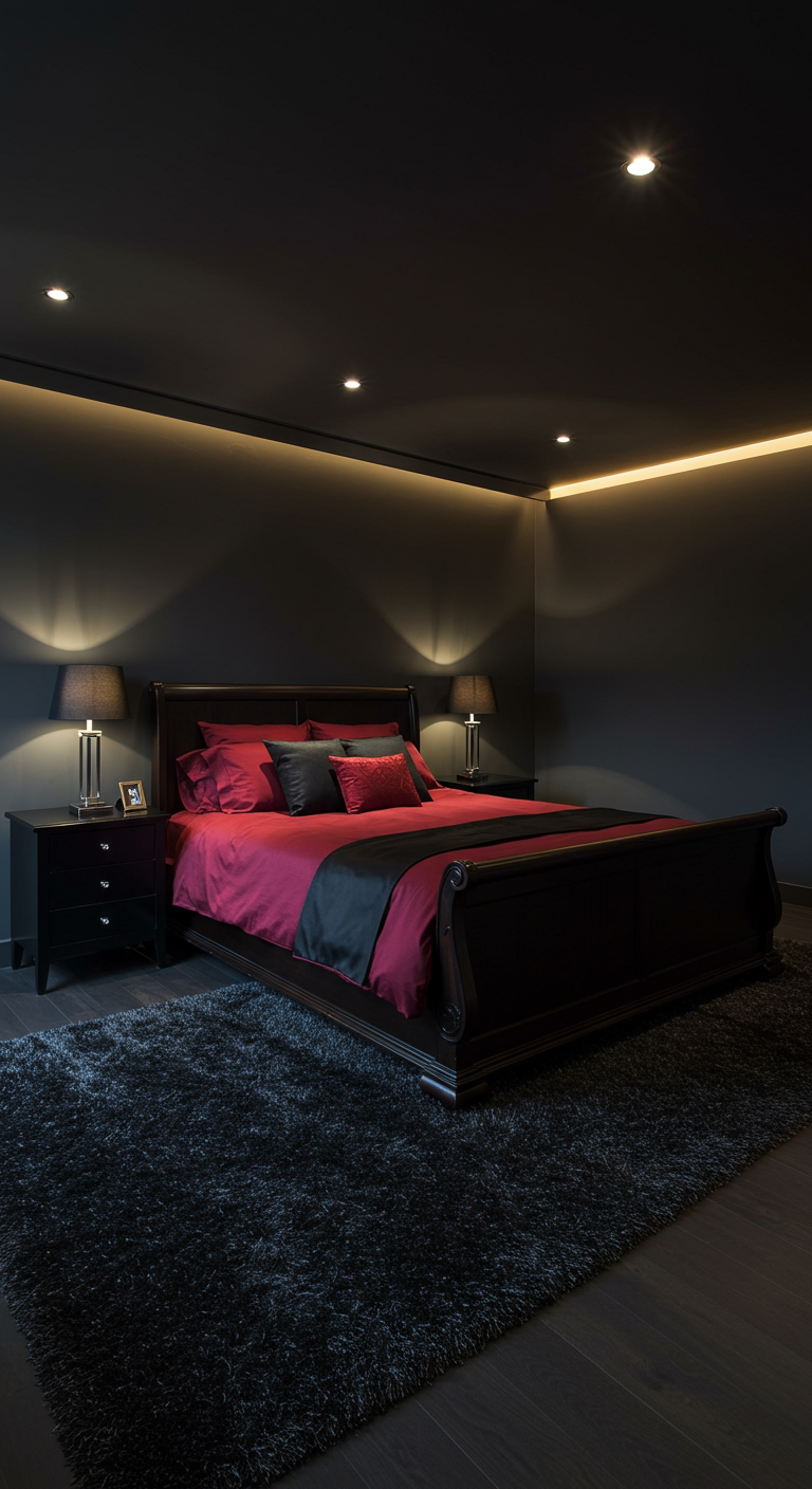 Donkere slaapkamer met grafietzwarte muren en een bed met dieprood satijnen beddengoed.
