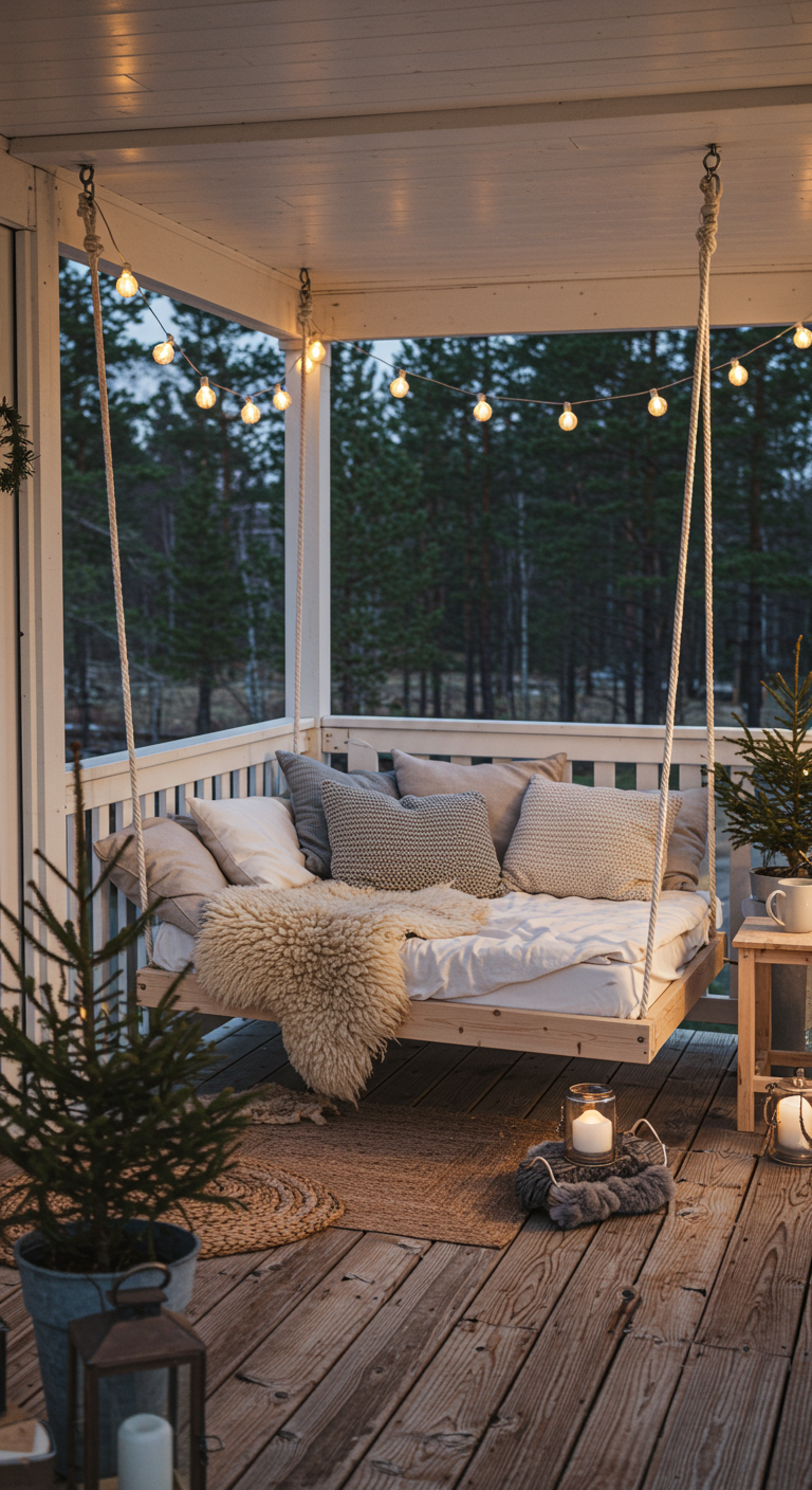 Houten schommelbed met lichte kussens, schapenvacht en lichtsnoer op een veranda in Scandinavische stijl.