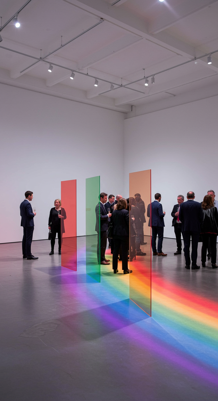 Gasten in een galerie bij gekleurde glazen panelen die een regenboog op de vloer projecteren.