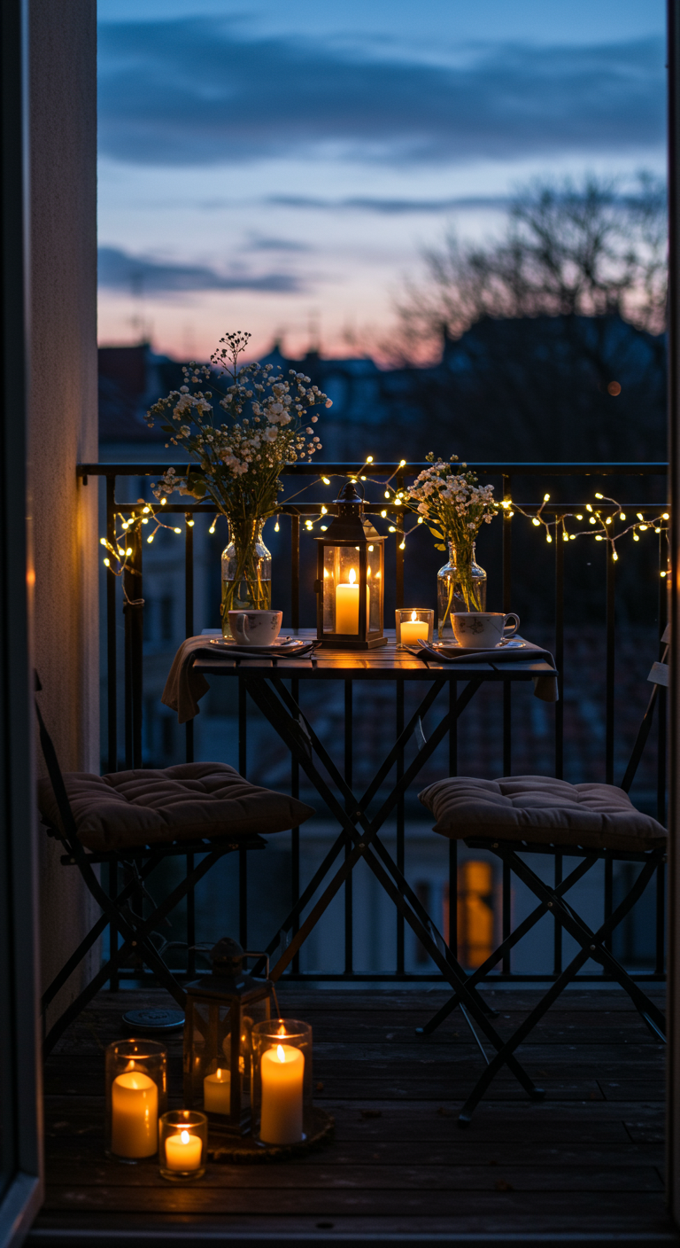 Bistroset 's avonds sfeervol verlicht met veel kaarsen, lantaarn en lichtsnoer.
