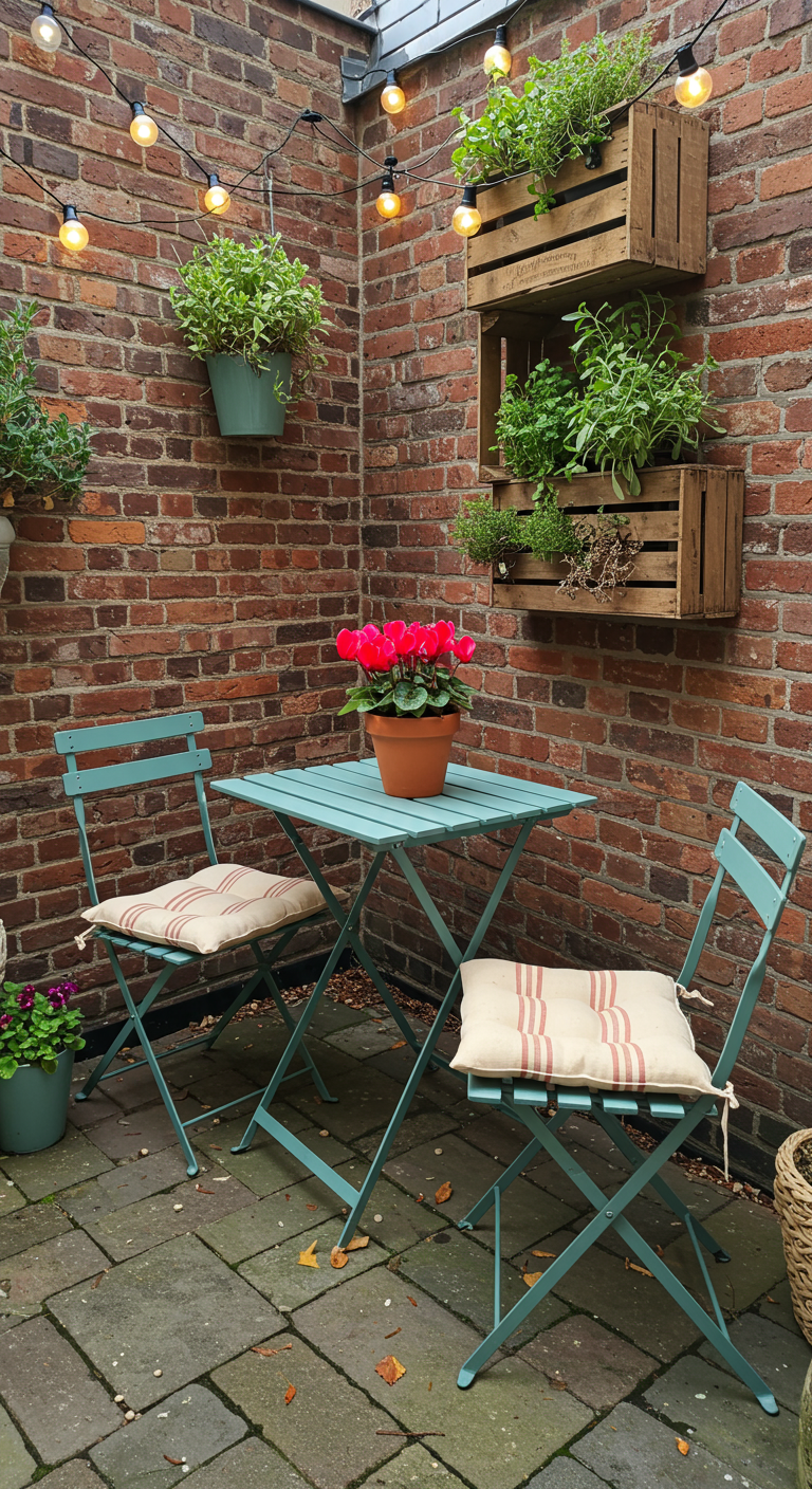 Binnenplaats met bakstenen muur, turquoise bistroset en planten in hangende kistjes.