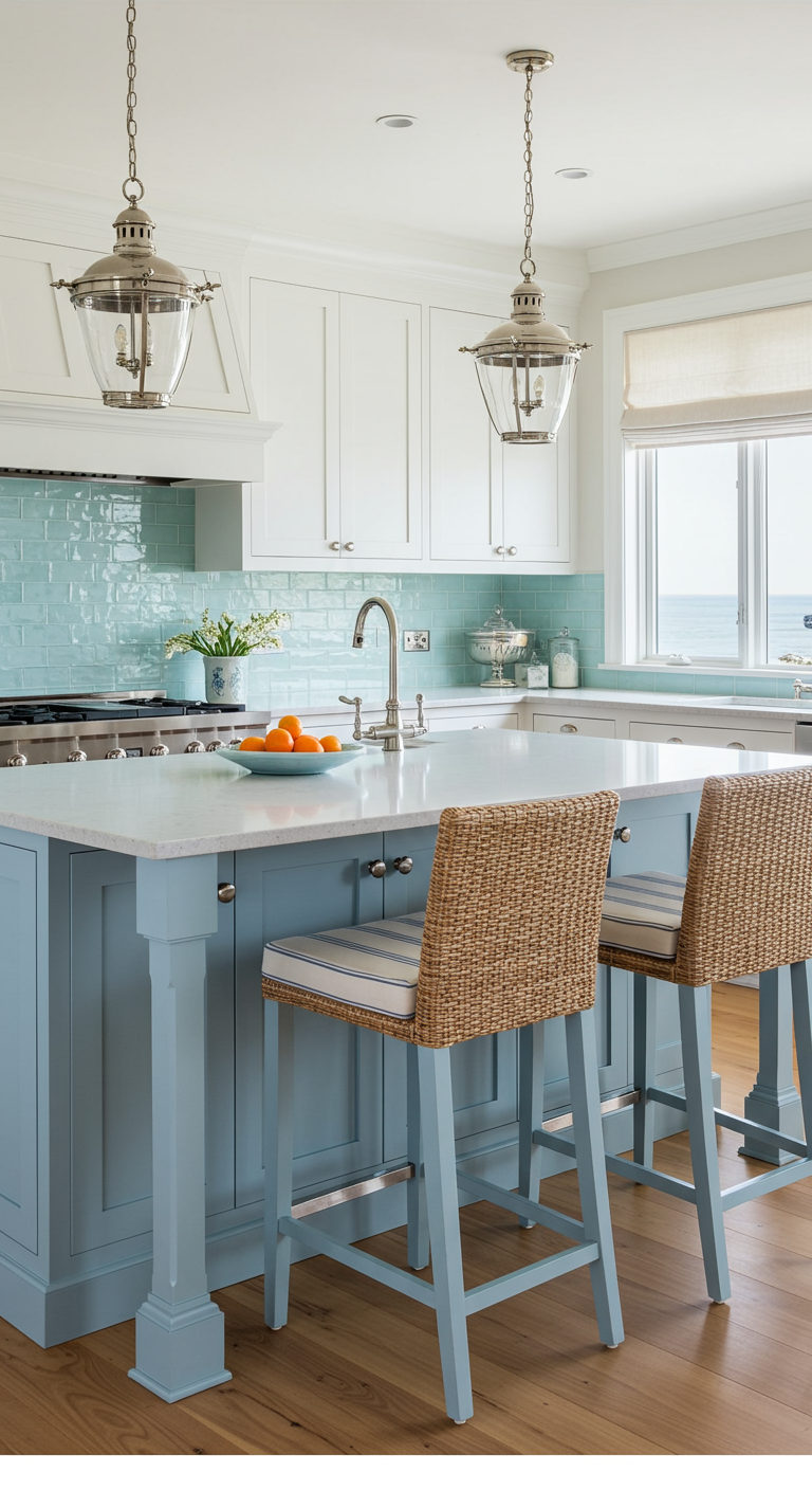 Lichtblauw kookeiland met witte top, rotan krukken en turquoise accenten.