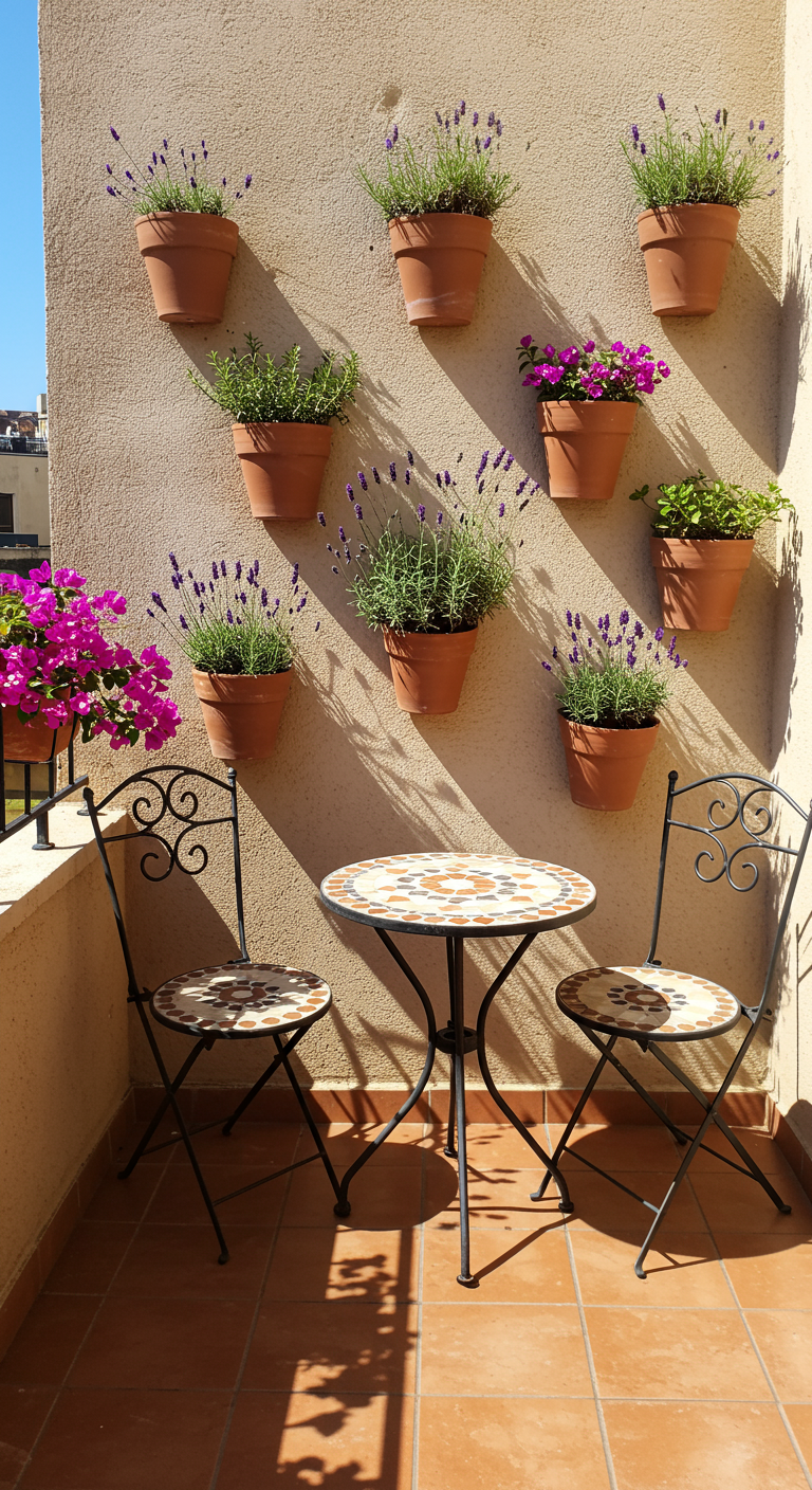 Terracotta potten met lavendel en bloemen hangend aan een zonovergoten muur boven een bistrosetje.