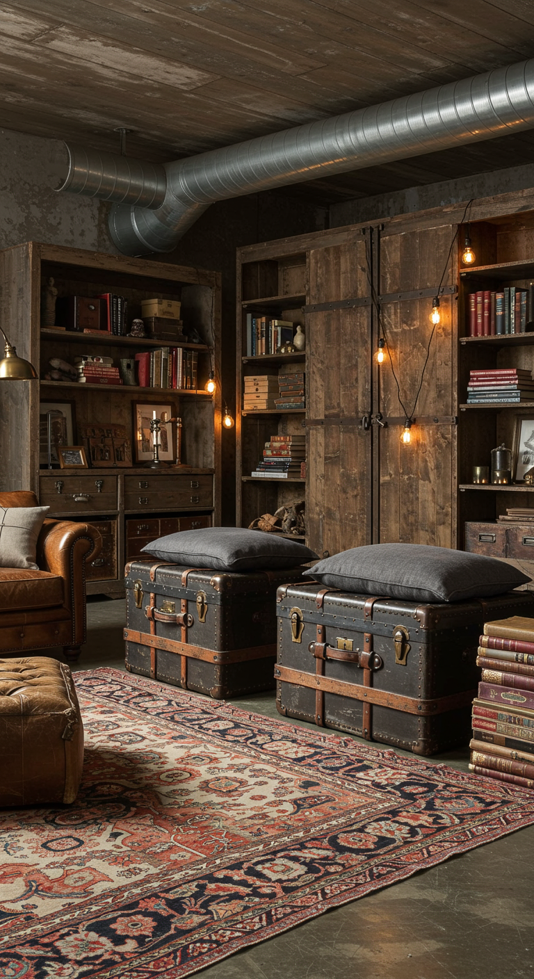 Industriële woonkamer met vintage reiskoffers als zitplekken en decoratie.