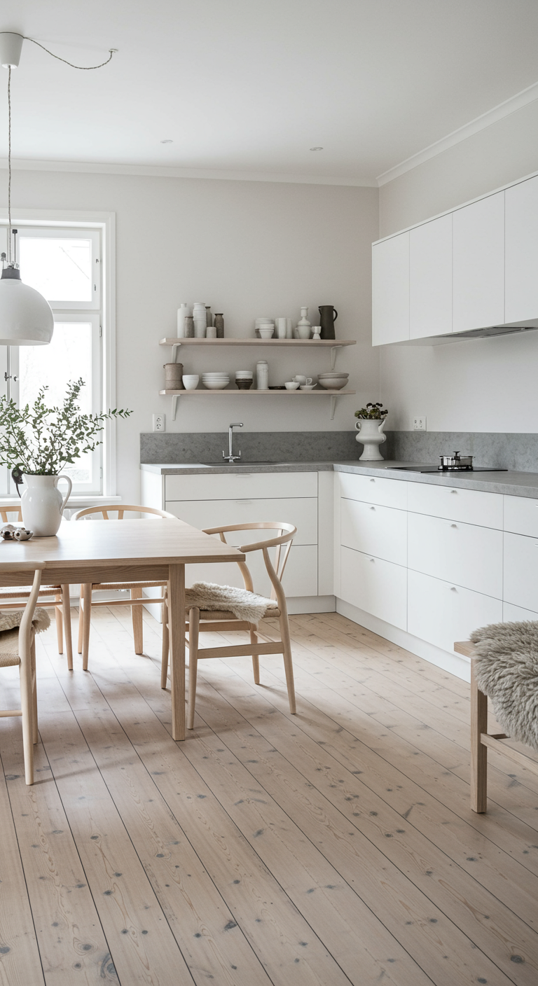 Lichte Scandinavische keuken met witte kasten, houten eettafel en minimalistische decoratie.