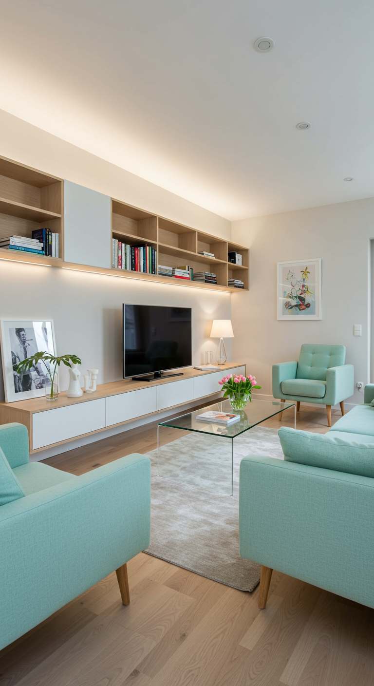 Moderne woonkamer met zwevend wit tv-meubel, houten planken en mintgroene fauteuils.