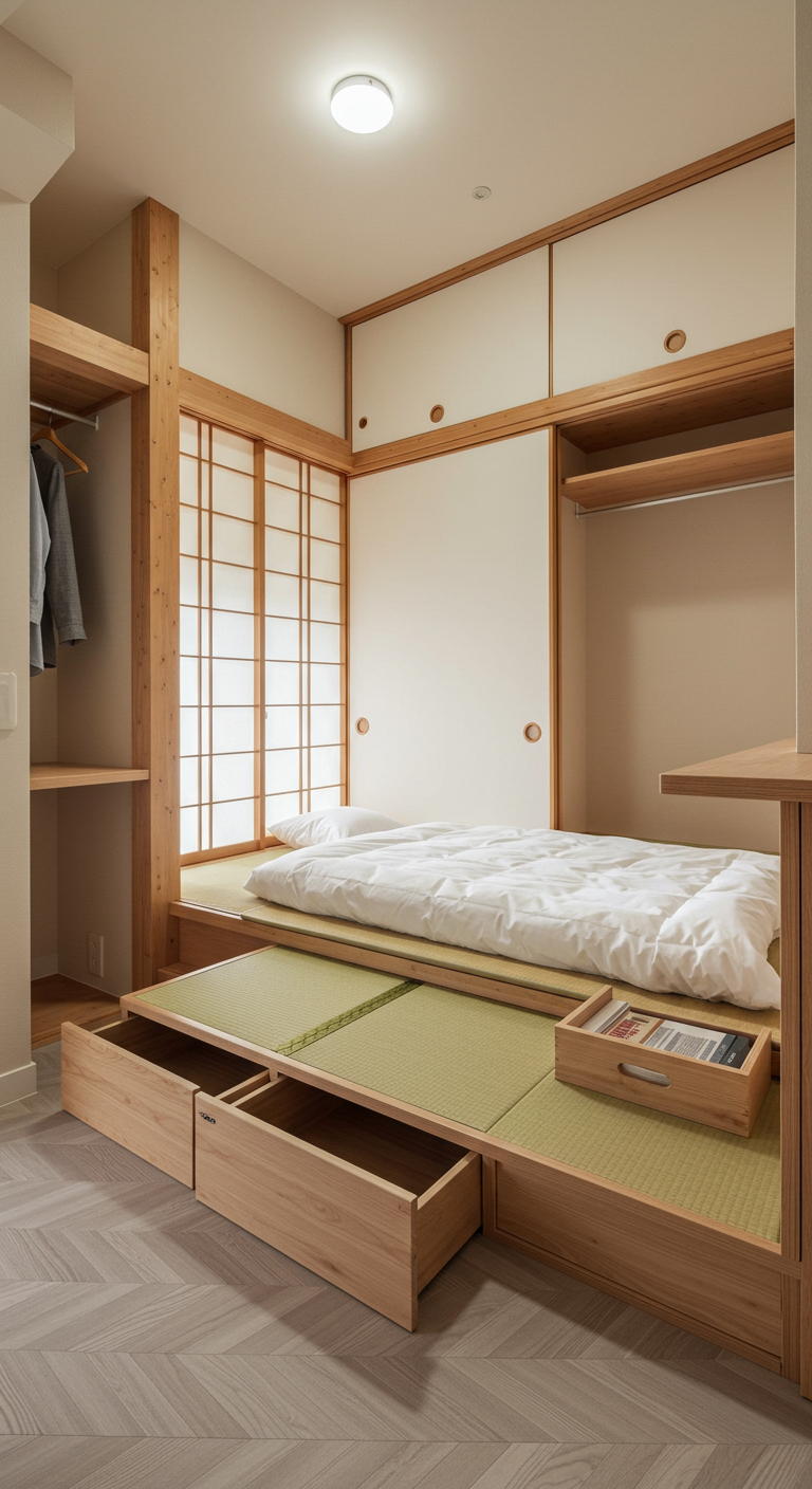 Japanse slaapkamer met bed op verhoogd platform met opberglades eronder.