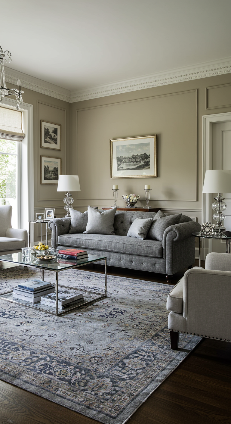 Klassieke woonkamer met grijsgetinte muren en een grijze Chesterfield bank.